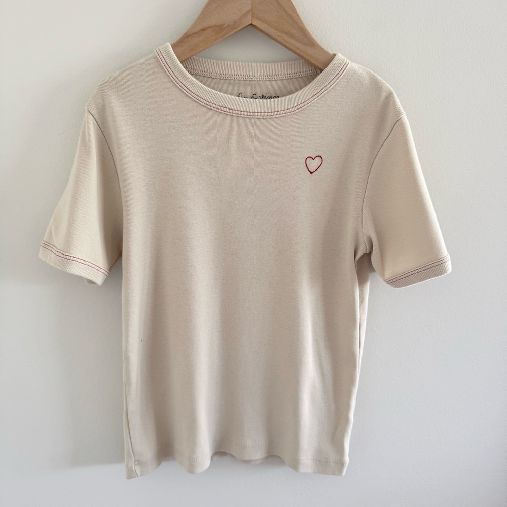 Fin and Vince Cream T-Shirt with Red Heart Embroidery